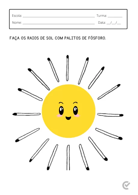 Desenho de um sol sorridente com raios ao redor e instruções para completar a atividade.
