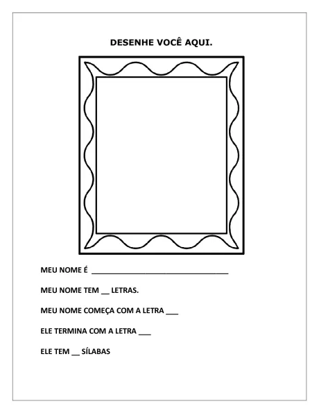 Página em branco para desenhar com instruções sobre o nome do aluno.