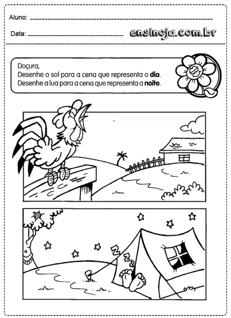 Desenho de um galo e uma cena de acampamento com uma tenda sob o céu estrelado.