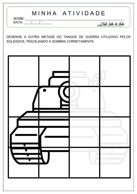 Desenho em grade de um tanque de guerra para atividade escolar.