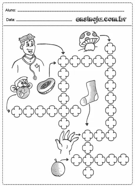 Atividade de educação infantil com desenhos de um médico, um macaco, uma meia, uma mão e uma maçã.