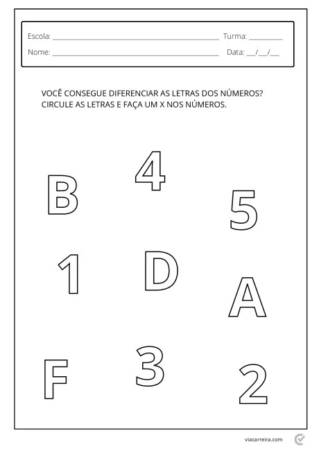 Atividade escolar com letras e números para diferenciação