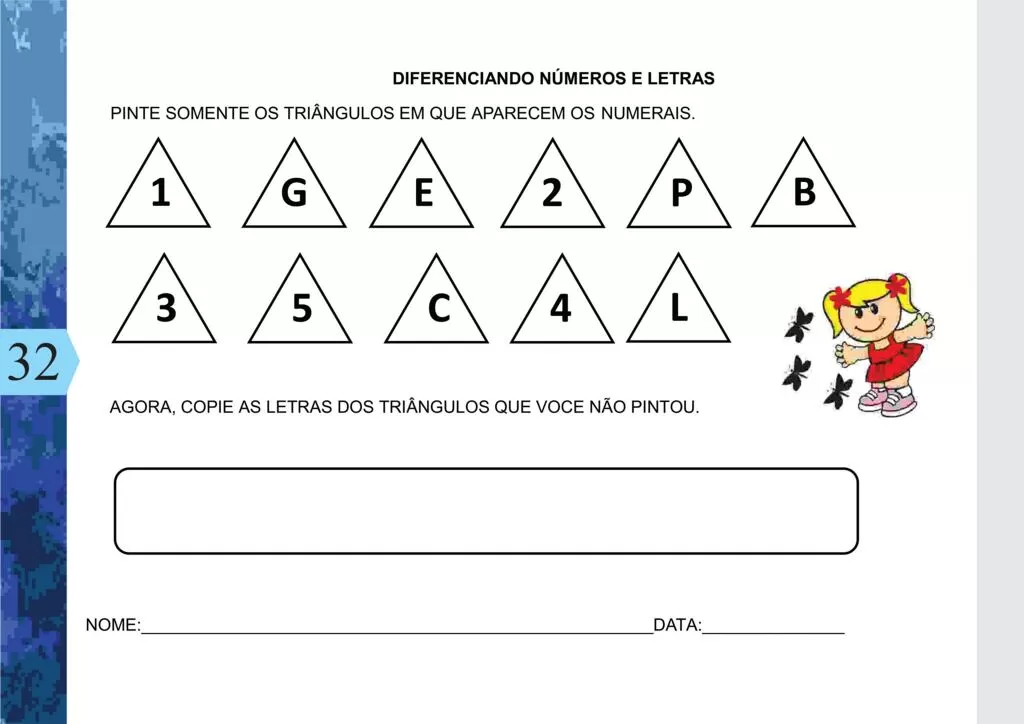 Atividade de diferenciação entre números e letras com triângulos.
