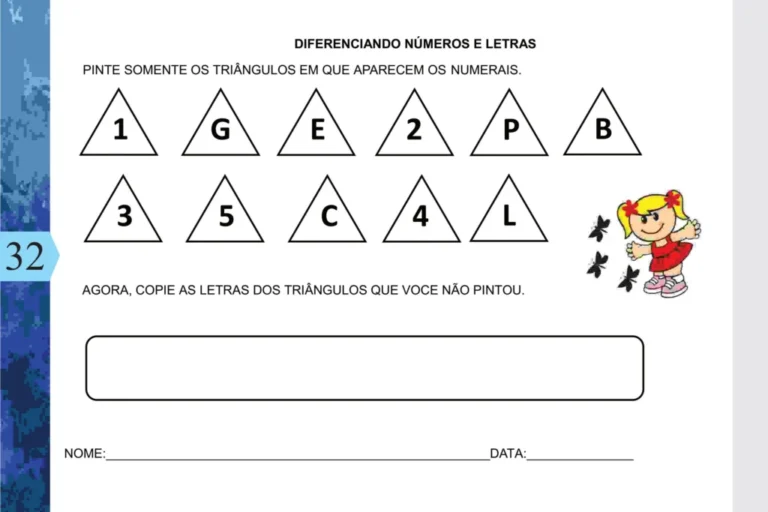 Atividade de diferenciação entre números e letras com triângulos.