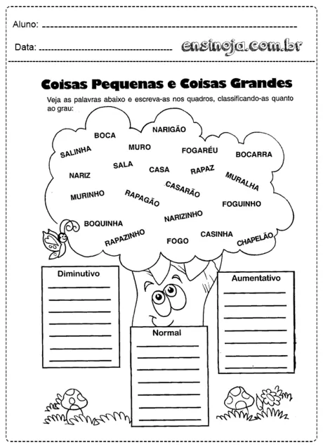 Atividade de classificação de palavras em diminutivo, normal e aumentativo com ilustrações de árvores e insetos.