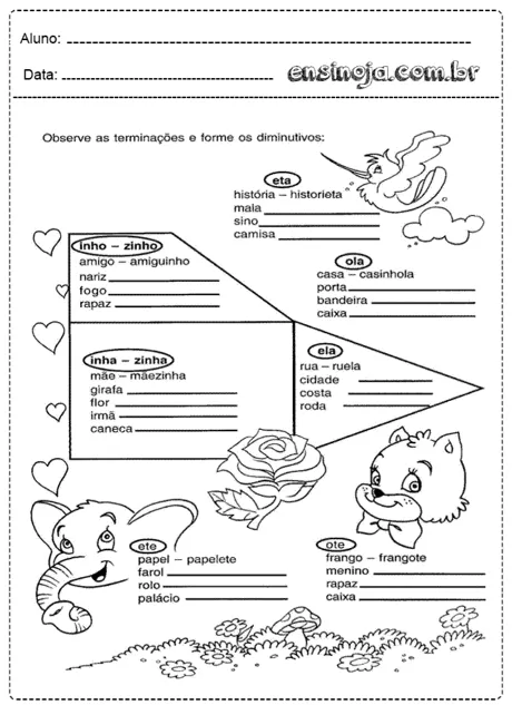 Atividade de formação de diminutivos com ilustrações de animais e flores.