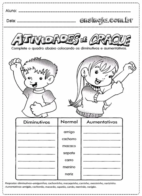 Atividade de craque sobre diminutivos e aumentativos com crianças desenhadas.