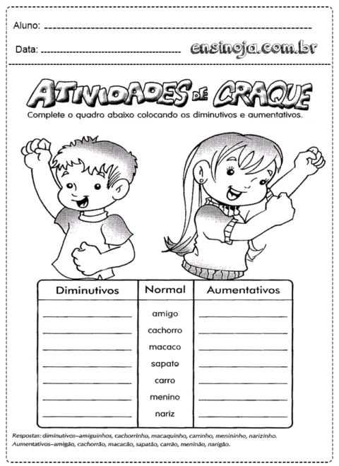Atividade de craque sobre diminutivos e aumentativos com crianças desenhadas.