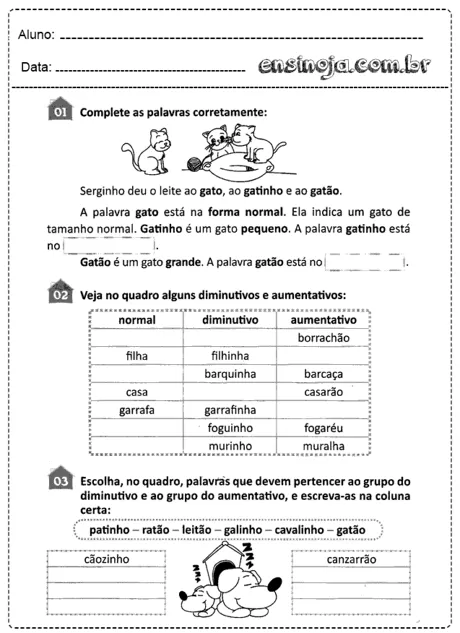 Atividade de português sobre diminutivos e aumentativos com ilustrações de gatos.