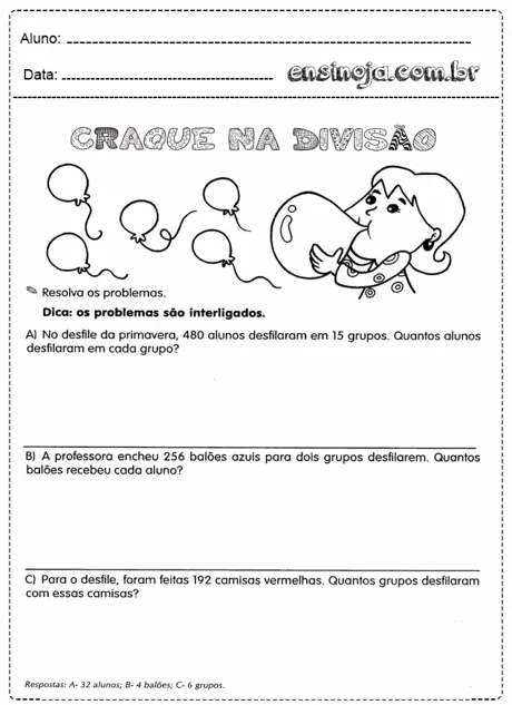 Atividade de matemática sobre divisão com balões e camisetas.