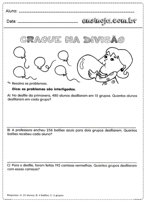 Atividade de matemática sobre divisão com balões e camisetas.