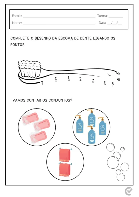 Desenho de uma escova de dente e objetos para contagem, incluindo sabonetes e toalhas.