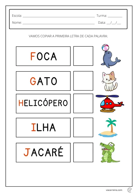 Atividade para crianças com imagens de animais e objetos para identificar a primeira letra de cada palavra.