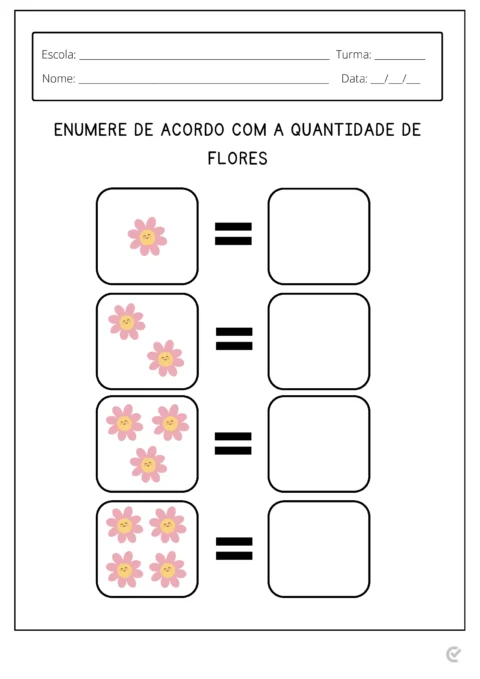 Folha de atividade escolar com flores para enumeração.