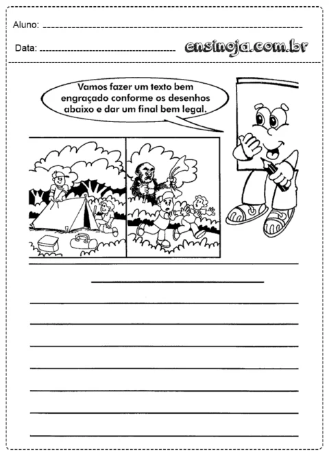 Atividade de escrita com desenhos para inspirar a criação de um texto engraçado.