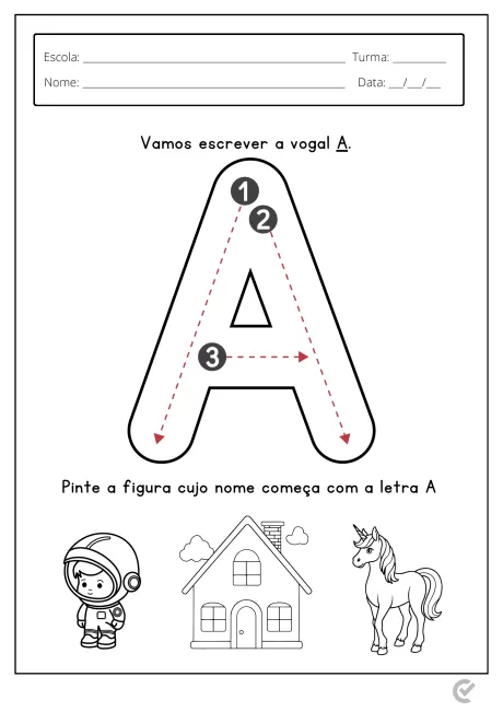 Atividade educacional para crianças sobre a letra A, com instruções para pintar e identificar figuras.