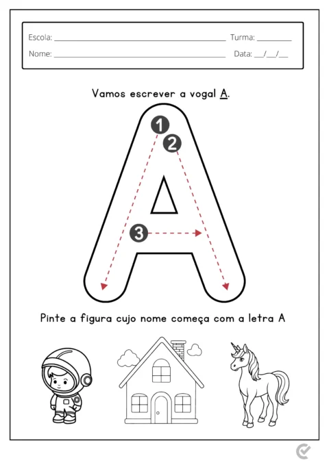 Atividade educacional para crianças sobre a letra A, com instruções para pintar e identificar figuras.