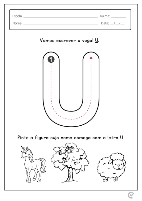 Atividade educacional para crianças sobre a letra U, com ilustrações de um unicórnio, uma árvore e uma ovelha.