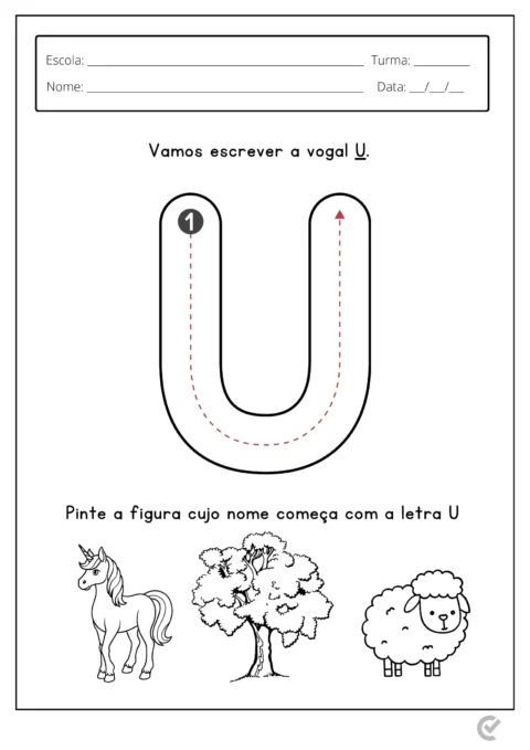 Atividade educacional para crianças sobre a letra U, com ilustrações de um unicórnio, uma árvore e uma ovelha.