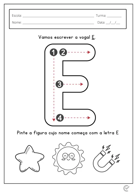 Atividade educativa para crianças sobre a vogal E, com instruções para escrever e colorir figuras que começam com a letra E.