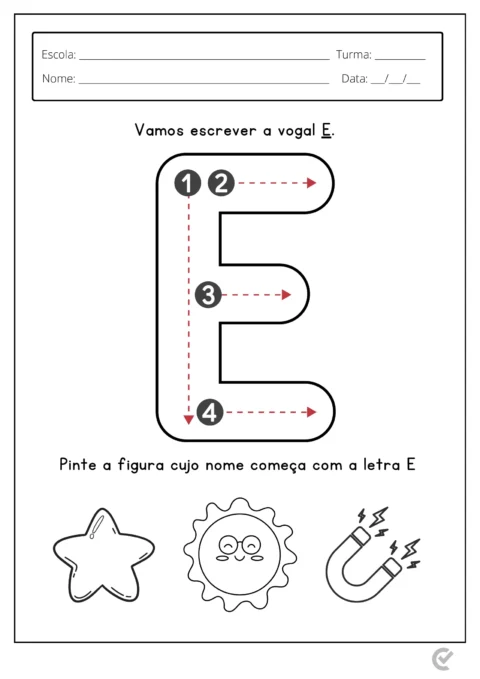 Atividade educativa para crianças sobre a vogal E, com instruções para escrever e colorir figuras que começam com a letra E.