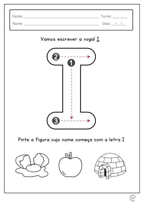 Atividade educativa para crianças sobre a vogal I, com instruções para escrever e colorir figuras que começam com a letra I.