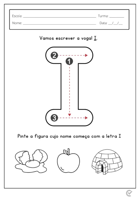 Atividade educativa para crianças sobre a vogal I, com instruções para escrever e colorir figuras que começam com a letra I.