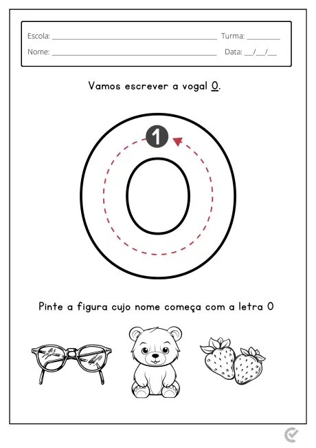 Página de atividade educacional com a letra O e figuras para colorir.