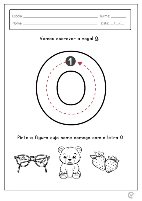 Página de atividade educacional com a letra O e figuras para colorir.