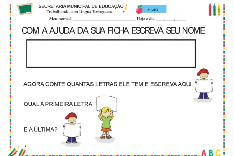 Atividade escolar para crianças do 1º ano sobre escrita do nome.