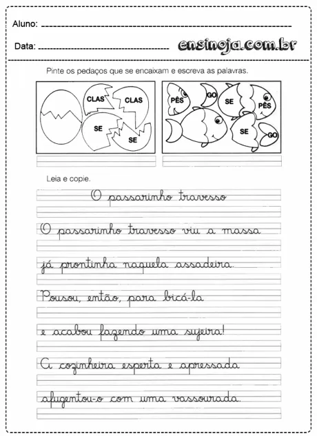 Atividade de escrita e pintura para crianças com palavras e desenhos.