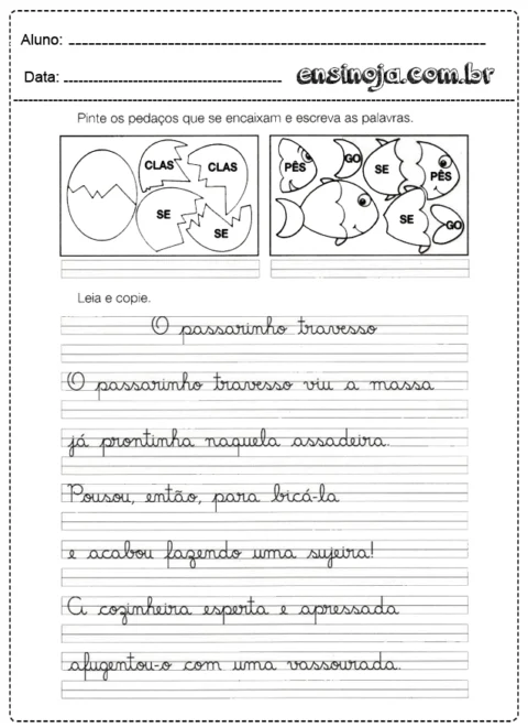 Atividade de escrita e pintura para crianças com palavras e desenhos.