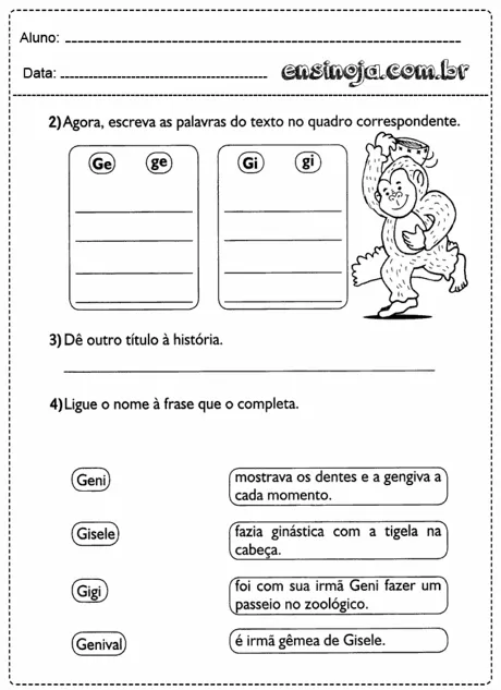 Atividade de escrita com espaços para palavras e ilustração de um macaco.