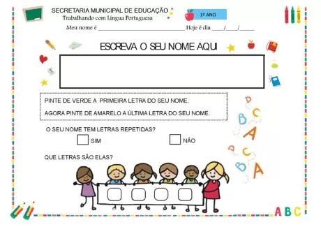 Atividade para crianças do 1º ano sobre escrita do nome e identificação de letras repetidas.