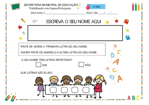 Atividade para crianças do 1º ano sobre escrita do nome e identificação de letras repetidas.