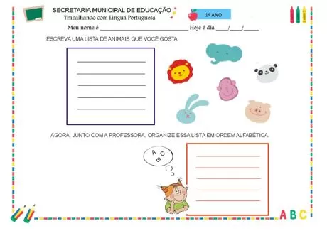 Atividade escolar sobre animais para crianças do 1º ano.