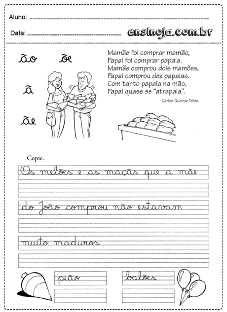 Atividade de escrita para crianças com ilustrações de frutas e espaço para copiar texto.