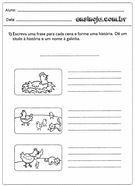 Atividade de escrita com ilustrações de galinhas e pintinhos.