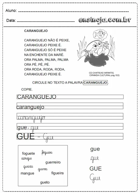 Atividade de escrita sobre o caranguejo com ilustrações e espaço para cópia.