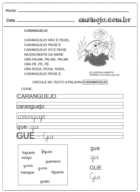 Atividade de escrita sobre o caranguejo com ilustrações e espaço para cópia.