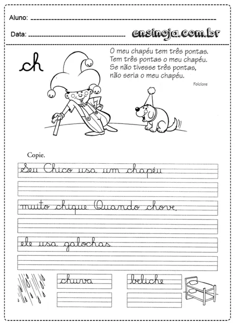 Atividade de escrita com desenho de um palhaço e um cachorro, com espaço para copiar frases.