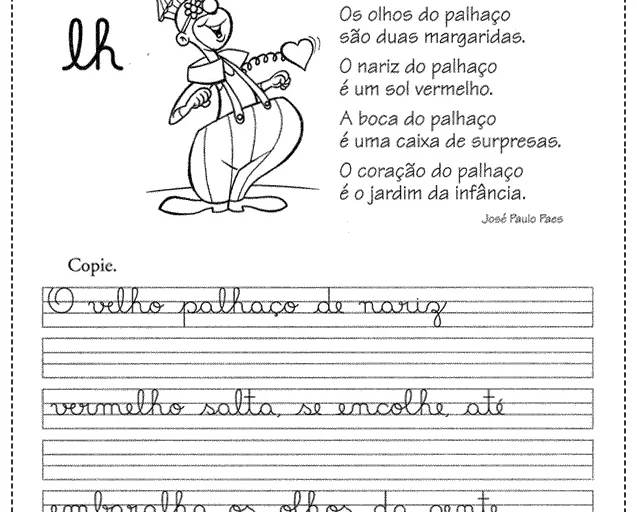 Desenho de um palhaço com um texto sobre suas características e espaço para escrita.