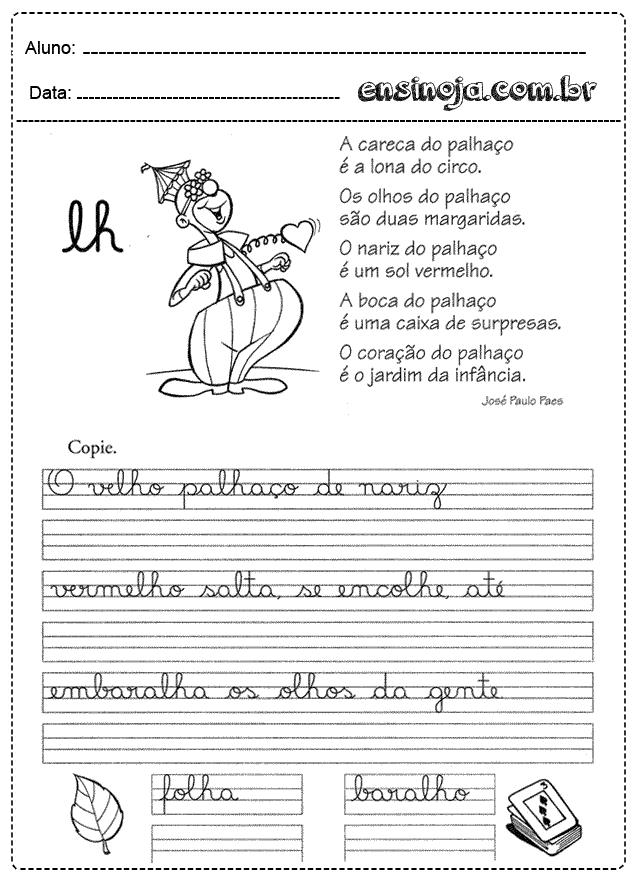 Desenho de um palhaço com um texto sobre suas características e espaço para escrita.