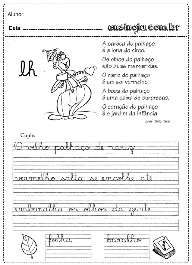 Desenho de um palhaço com um texto sobre suas características e espaço para escrita.