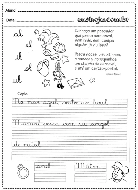 Atividade de escrita com ilustrações de um pescador e objetos relacionados à pesca.