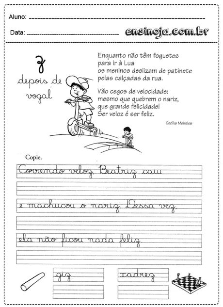 Atividade de escrita para crianças com ilustrações de meninos e um texto sobre velocidade.