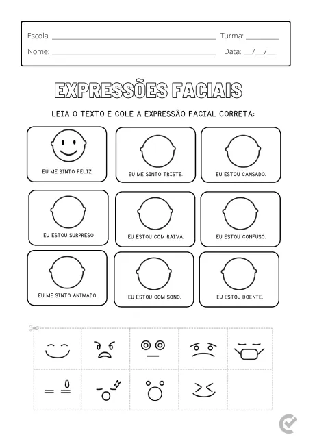 Atividade educativa com expressões faciais para identificação de emoções.