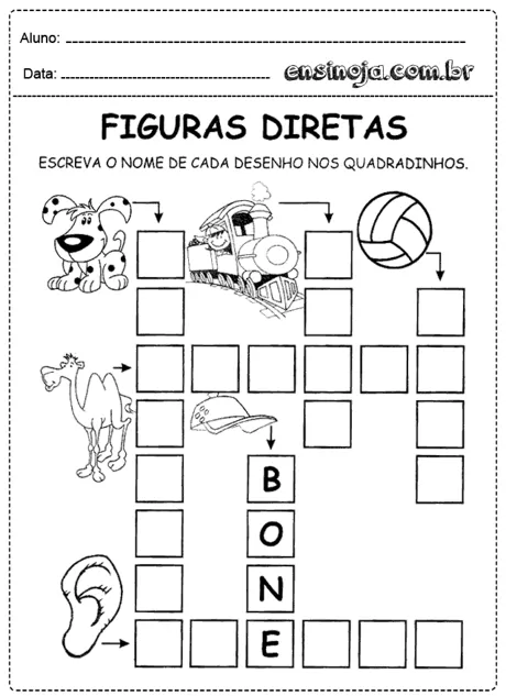 Atividade de figuras diretas com desenhos de um cachorro, um trem, uma bola, um camelo, um boné e uma orelha.