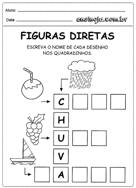 Atividade de escrita com figuras para crianças, incluindo desenhos de uma bebida, chuva, uvas e um barco.