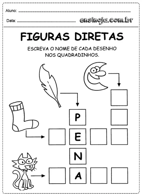 Atividade de figuras diretas para crianças, com desenhos de uma pena, uma lua, uma meia e um gato.